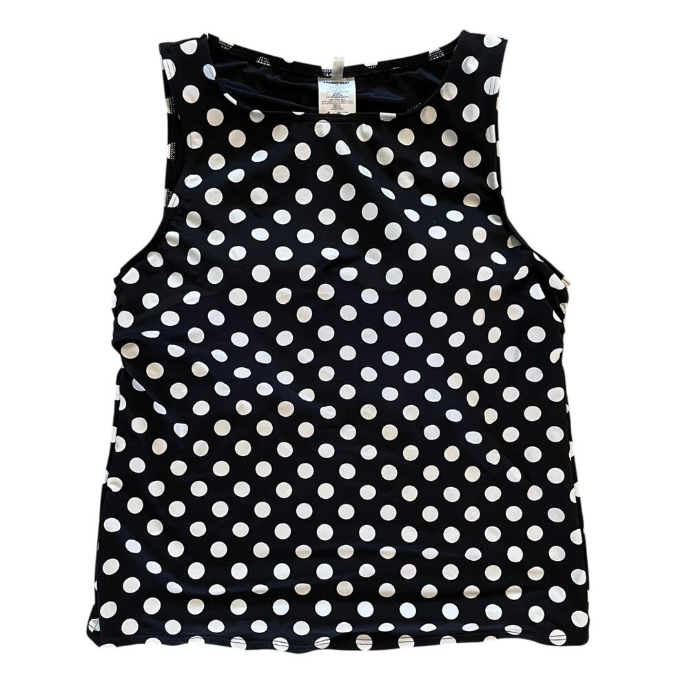 LANDS END Black White Polka Dot High Neck Top Swim Size 12 Padded Womens Tankini